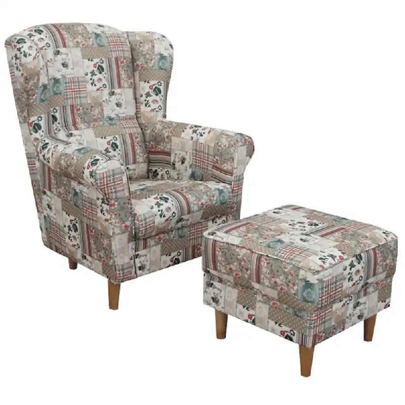 Economisește - Fotoliu cu taburet, material textil în stilul patchwork Viorica 1, ASTRID
