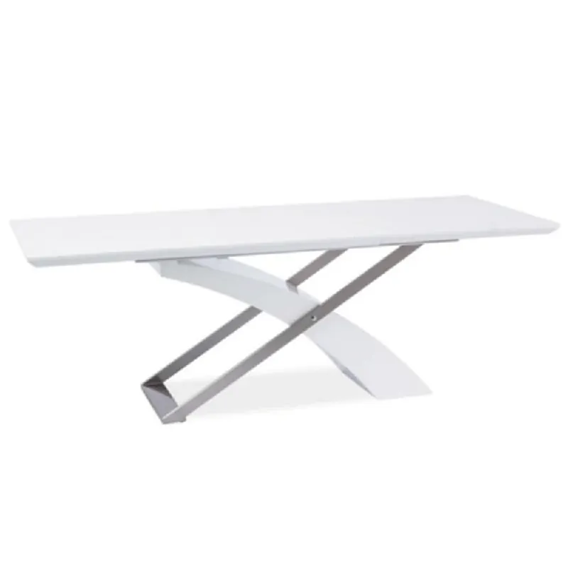 Preț redus | Masă extensibilă de bucătărie, alb extra strălucitor/metal, 160-220x90 cm, KROS