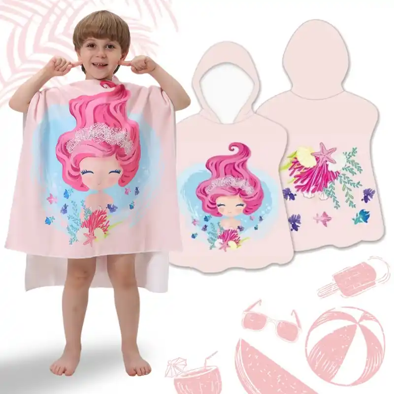 Poncho de plajă pentru copii roz cu sirenă | Preț excelent