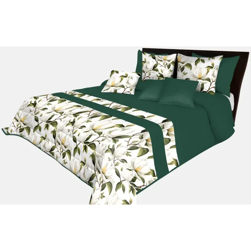 Cuvertură de pat în verde smarald cu flori de magnolie | Ofertă excelentă