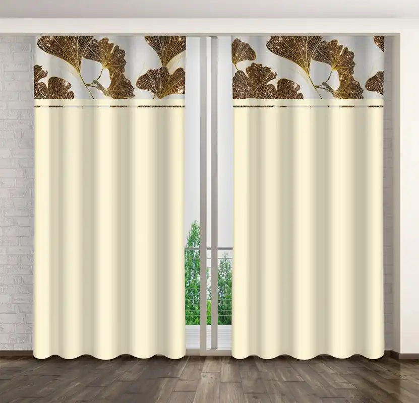 Draperie clasică crem cu imprimeu de frunze de gingko aurii | Retur gratuit