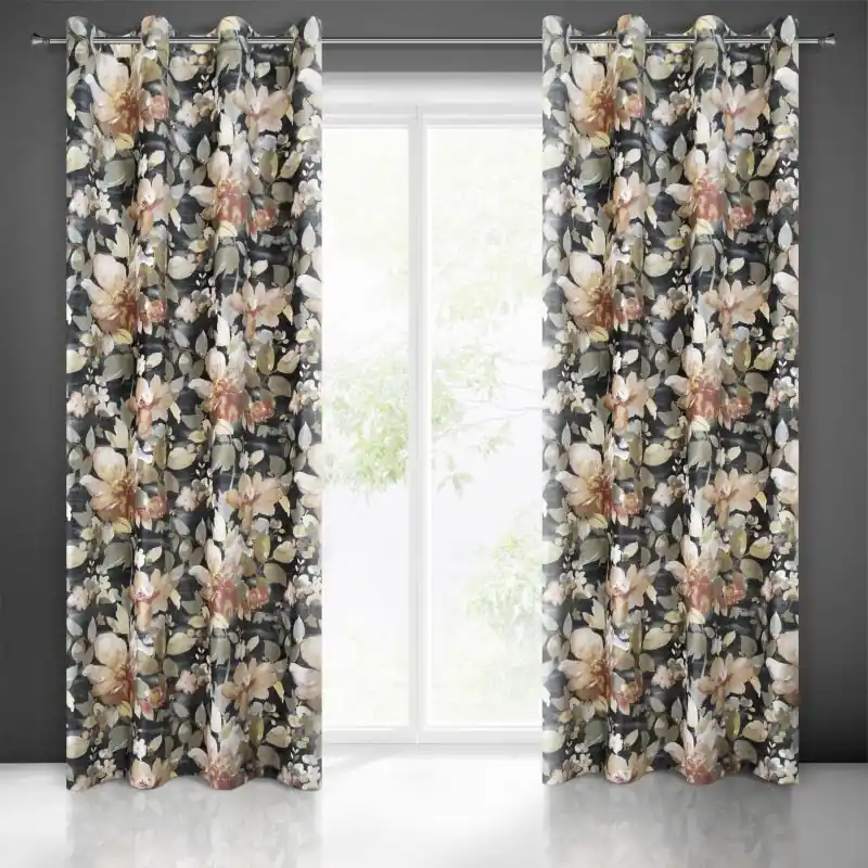 Draperie decorativă cu inele bej, opace, cu motiv floral | Cumpărături sigure