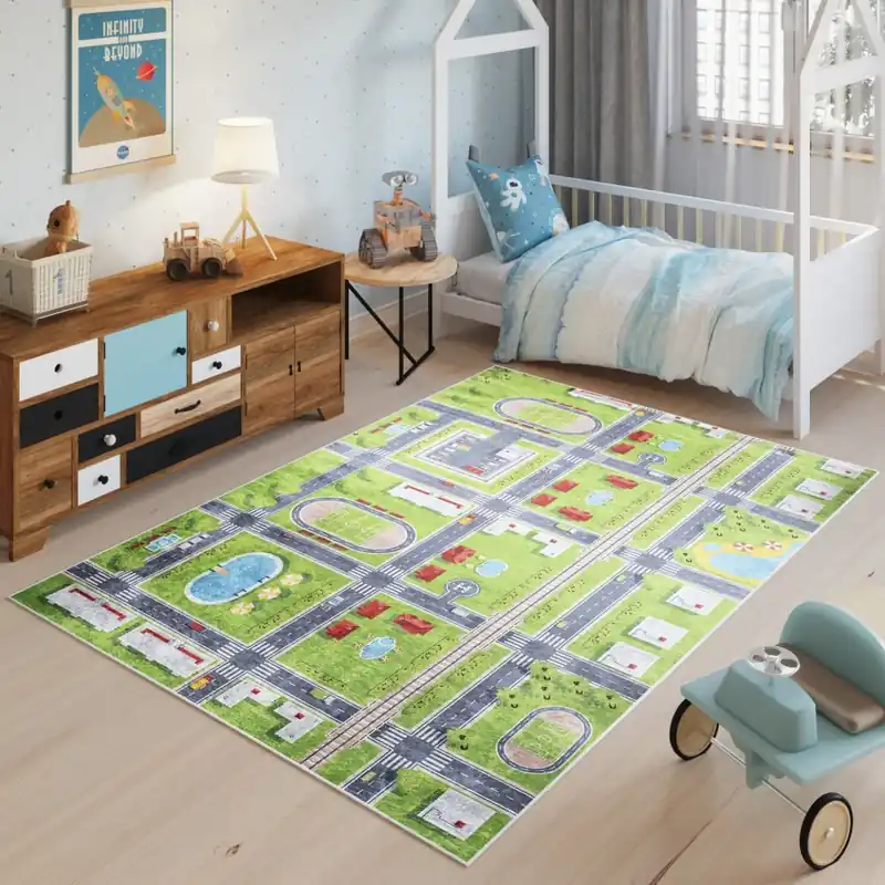 Produs premium | Covor pentru copii cu motiv de oraș verde