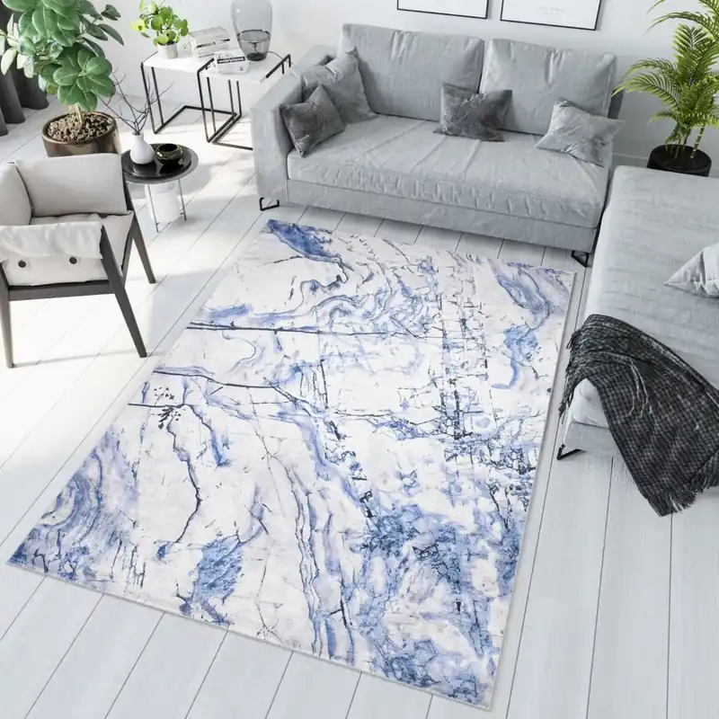 Covor simplu alb și albastru cu model abstract | Ofertă exclusivă
