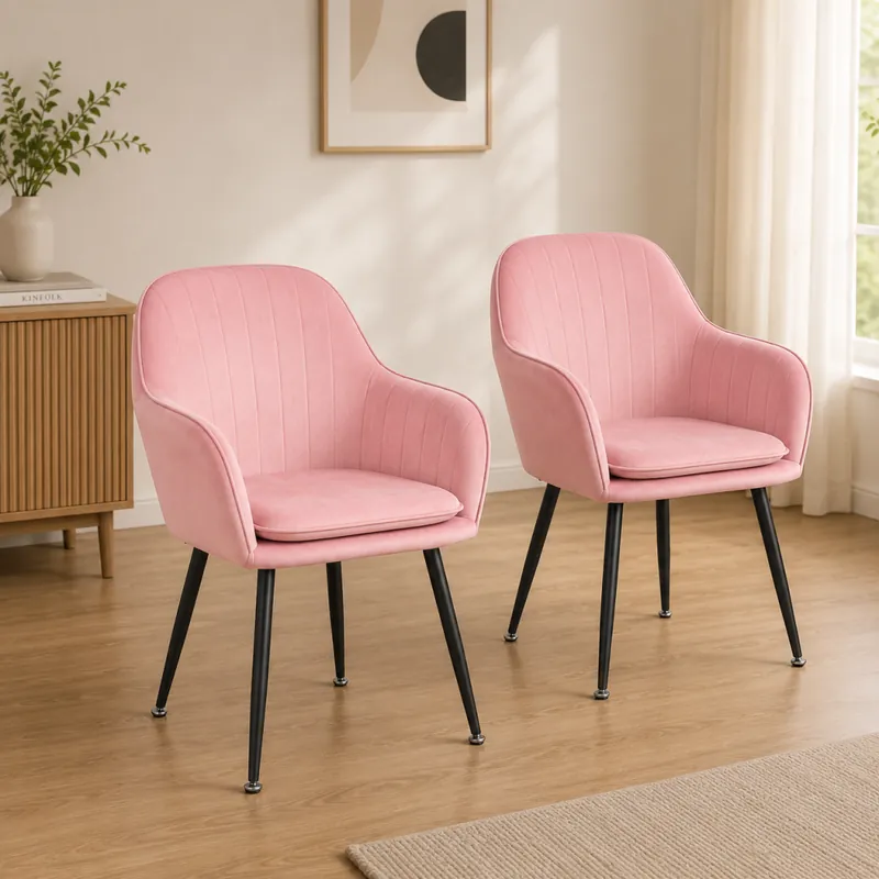 2 scaune de sufragerie tapițate, cu cotiere – velur roz | Reducere