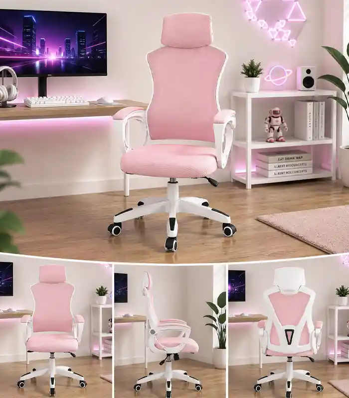 Stoc pe terminate | Scaun de birou ergonomic cu tetieră și spătar din plasă – roz