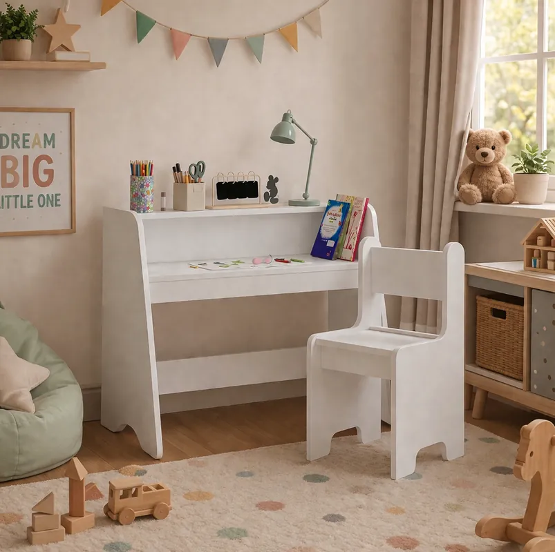 Cumpărături sigure | NIKO Set de birou și scaun pentru copii Montessori – alb