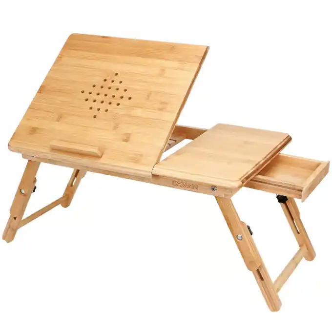 Ofertă avantajoasă - Masă pentru laptop din bambus cu guri de aerisire și sertar 55 x 28 x 35 cm