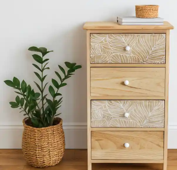 Produs recomandat - Comodă LUIZA cu 4 sertare - design boho, 40 x 29 x 73 cm