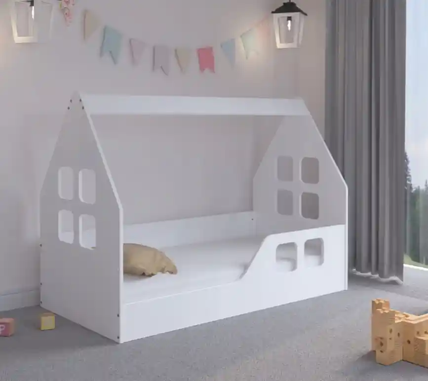 Pat pentru copii Casa Montessori 140 x 70 cm alb | Ofertă promoțională
