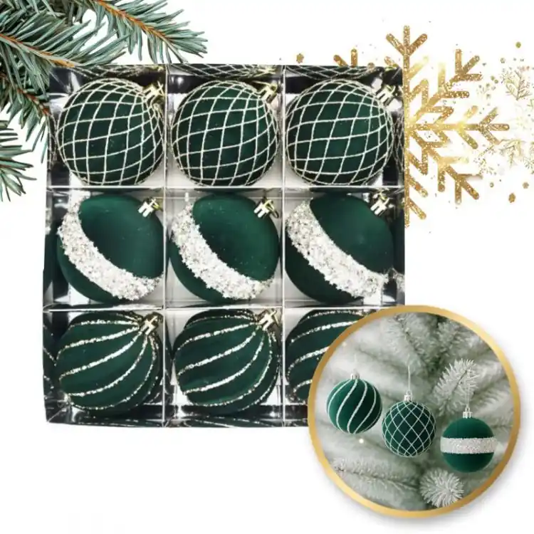 Set de ornamente de Crăciun din velur verde - 9 bucăți | Promoție