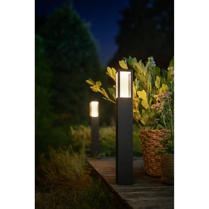 Stalp iluminat exterior LED RGBW integrat Philips Impress HUE, control inteligent cu Hue Bridge, 2x8W, 1200 lm, lumina alba/color, IP44, 77 cm, metal/sticla, Negru, clasa energetica G - Produs de top