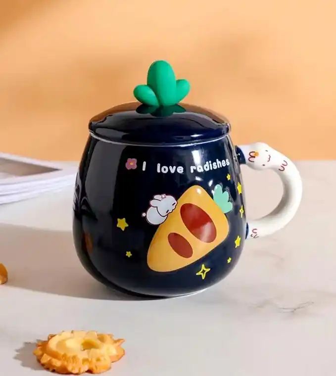 Cana cu capac si lingurita, design iepuras,albastru inchis,ceramica,500 ml - KitchenWare - Reduceri