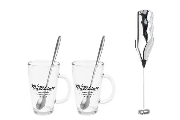Set 5 piese format din 2 cani, 2 lingurite si mini mixer cappucino - OEM | Calitate de top
