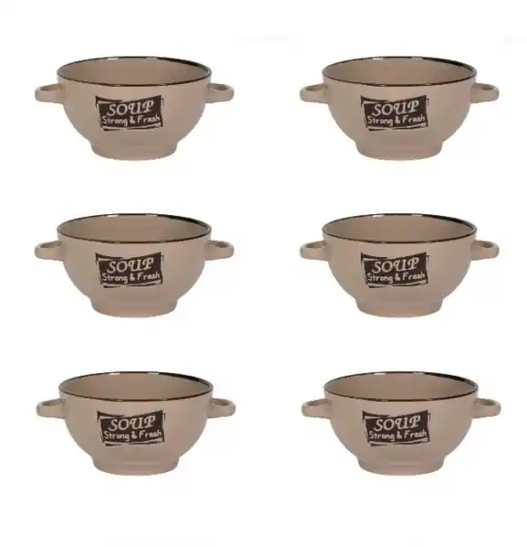 6 boluri de servit din ceramica pentru supa, cu manere, de culoare bej, 650 ml - OEM | Preț excelent