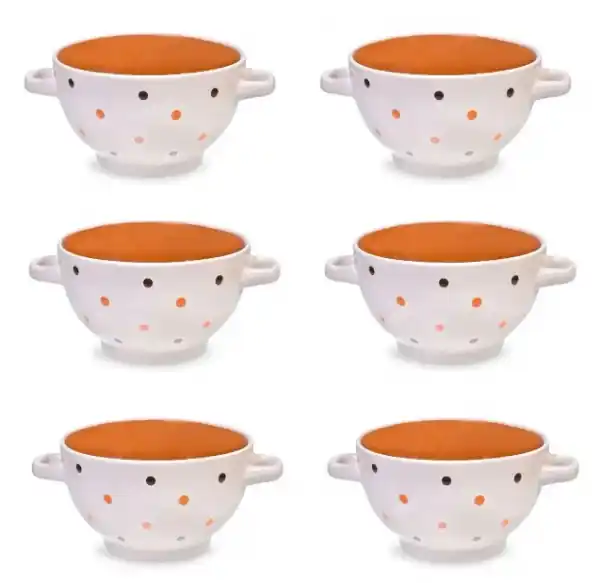 6 boluri de servit din ceramica pentru supa, cu manere, de culoare crem cu buline multicolore, 650 ml - OEM | Ultimele produse