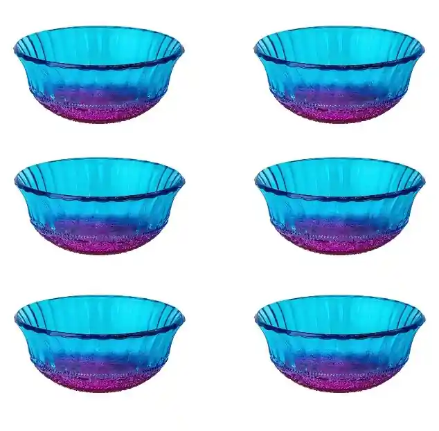 În tendințe - Set format din 6 boluri de servit din sticla, model albastru / roz cu modele in relief, 300 ml - OEM