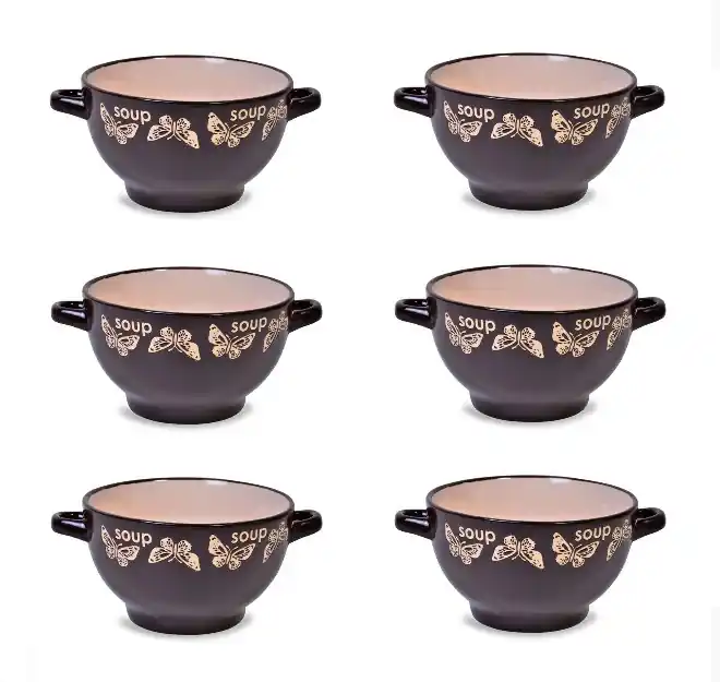 6 boluri de servit din ceramica pentru supa, cu manere, model cu fluturi, 650 ml - OEM - Ofertă avantajoasă