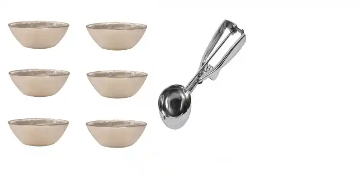 Ofertă limitată - Set pentru servire Inghetata format din 6 blouri si lingurita metalica, Auriu-Argintiu, AMA - OEM