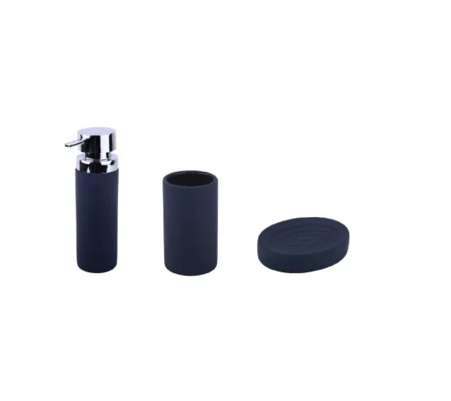 Se poate comanda | Set 3 accesorii pentru baie format din savoniera, dozator sapun si pahar igiena dentara, Ceramica cauciucata, Negru - OEM