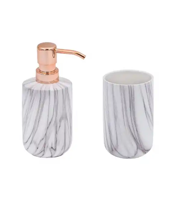 Ofertă exclusivă | Set 2 accesorii stative pentru baie, dozator sapun si periute dinti, Ceramica - OEM