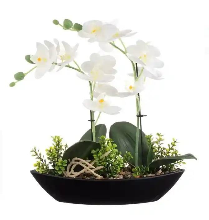 Preț redus | Floare decorativa artificiala Orhidee alba in ghiveci tip barca, plastic,27x9x30cm - OEM