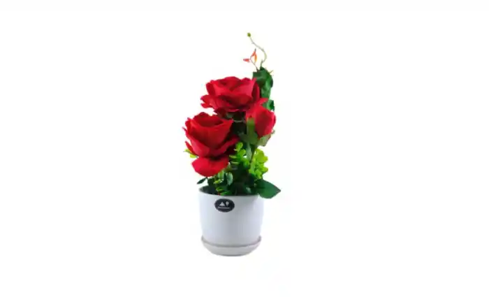 Ofertă excelentă - Trandafir artificial decorativ in ghiveci ceramic, Rosu, 32 cm - OEM