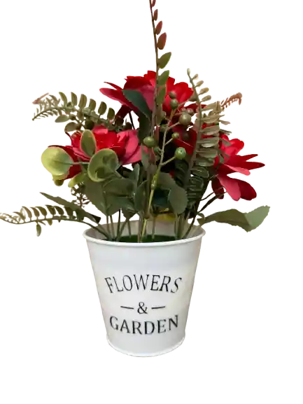 Floricele rosii artificiale in ghiveci alb din plastic, 11x25 cm - AMACS - Livrare expres