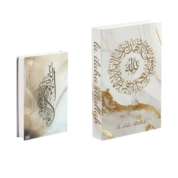 Reducere specială - Decorare falsă carte La ilaha illallah Design din marmură albă cu detalii aurii Falsă carte neapărat deschisă