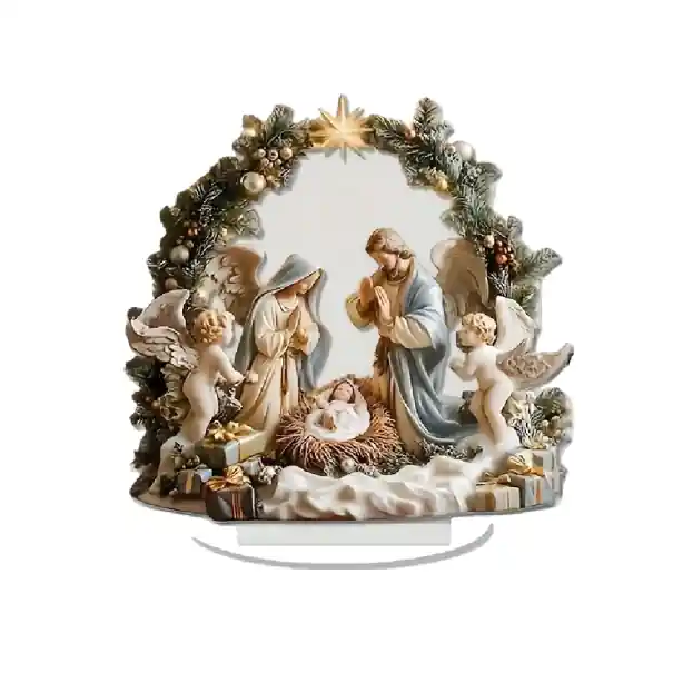 Cumpără acum - Decorație de Crăciun 2D din acril cu suport 13 x 17 x 18 cm Betleem Nașterea lui Iisus Îngeri Fecioara Maria Sfântul Iosif Steaua de Aur cadou de masă