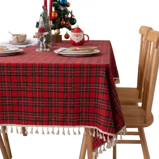 Premium - Decorațiune de Crăciun cu carouri roșii și ciucuri, față de masă colorată țesută pentru petreceri acasă, decorare a mesei, dimensiune 140x240 cm