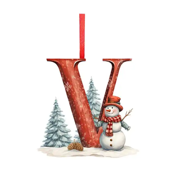 Premium - Decorațiune de Crăciun din acril 8 x 7 cm Litera V cu om de zăpadă Decorațiune roșie cu panglică Decorațiune suspendată 2D pentru bradul de Crăciun