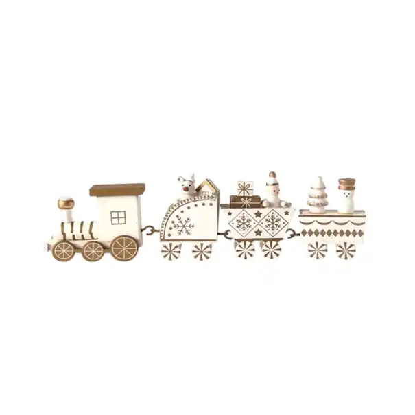 Decorațiune de Crăciun din lemn Locomotivă cu 3 vagoane 24,5 x 6,5 cm Trenuleț pictat manual cu cadouri și figurine în cutie de cadou pentru masă sau raft - Doar săptămâna aceasta