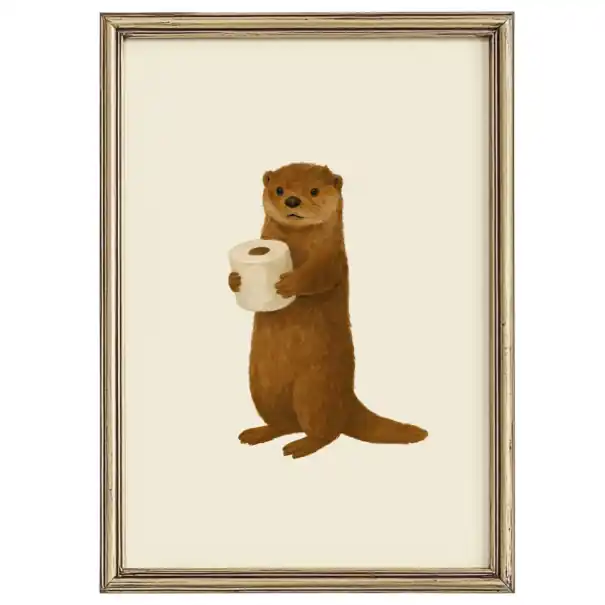Preț bun | Decorațiune de perete poster vidră cu hârtie igienică 50 x 70 cm print pe pânză imagine maro fără ramă pentru baie