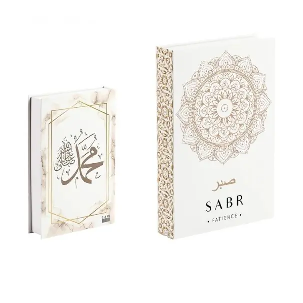 Plată securizată | Decorațiune falsă carte Sabr Patience Design alb cu mandala aurie Caligrafie arabă Falsă carte neotvibilă