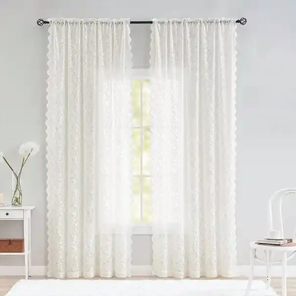 Bestseller - Draperie din dantelă 2 buc 140x183 cm poliester alb cu ornament floral și margine ondulată pentru fereastră în living