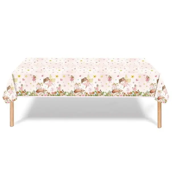 Față de masă de petrecere cu motiv de zâne și flori 137 × 274 cm, față de masă oblong, decor roz pentru masă pentru petrecerea de ziua de naștere și petrecerea copiilor | Disponibil acum