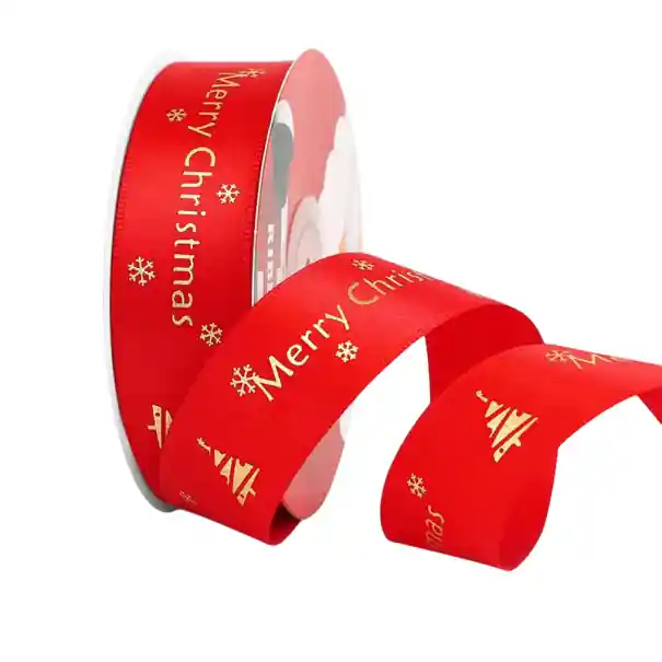 Fundă decorativă roșie de Crăciun 2,5 cm x 5 metri cu motive de Crăciun și imprimeu auriu pentru ambalarea cadourilor și decorarea festivă - Grăbește-te