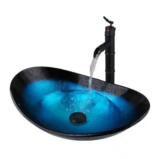 Gata de expediere - Chiuvetă modernă din sticlă cu baterie neagră ovală 560 x 355 mm din sticlă securizată albastru-neagră cu scurgere neagră pentru baie