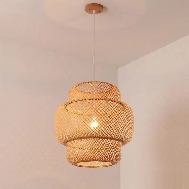 Alegerea clienților - Lampă suspendată tricotată E27 Bec Candelabru suspendat din lemn lucrat manual Decorare din bambus pentru casă Corp de iluminat țesut manual 33 x 30 cm