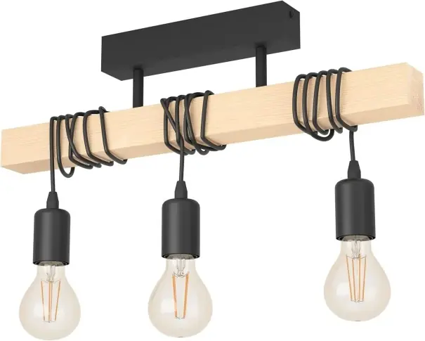 Calitate de top - Lustr cu grinzi din lemn și 3 socluri E27 în stil industrial, metal negru și lemn natural, lungime 50 cm, pentru bucătărie
