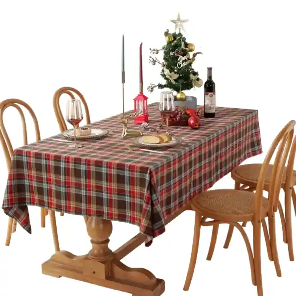 Profită acum - Masă de Crăciun cu carouri 140 × 160 cm Măsuță țesută colorată pentru masă de dining cu carouri maro-roșii