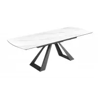 Acum disponibil - Masa din Sticla securizata/Ceramica Alb cu efect de marmura si Metal Negru L180-230xH77cm Concord