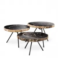 Preț atractiv | Set 3 masute de cafea Asimetrice din Otel inoxidabil si Lemn masiv Negru L50-70xH36/43/50cm Soto