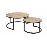 Produs premium | Set 2 masute de cafea rotunde din lemn masiv de mango si Metal Maro/Negru D70/50xH36/30cm Vienna Lounge
