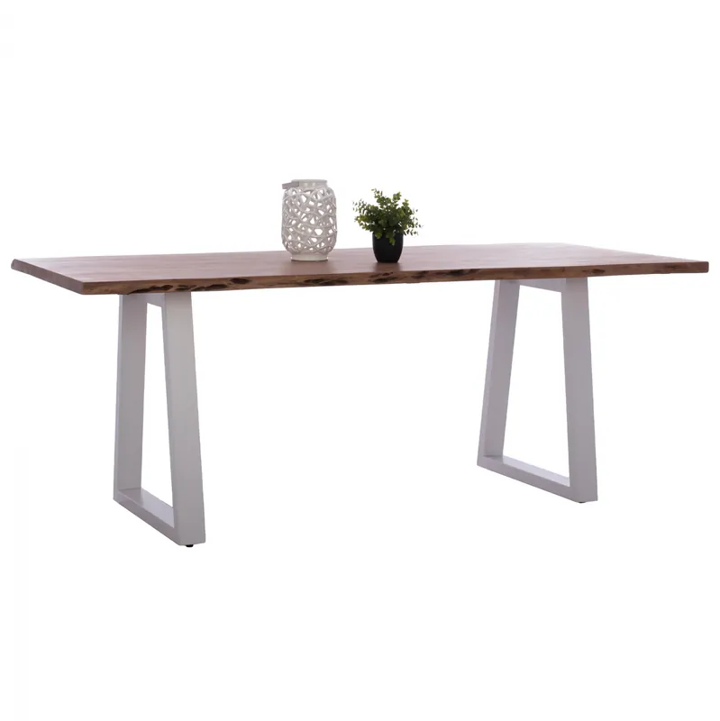 Masa Montana, blat lemn acacia, picioare metalice albe, 200x95x77 cm | Ofertă excelentă