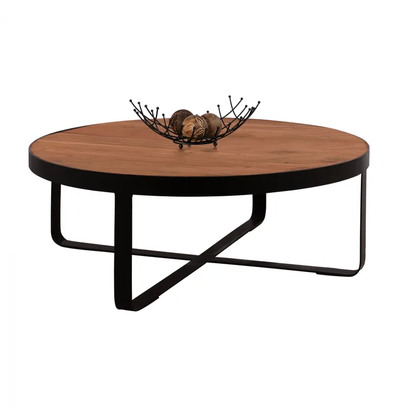 În topul vânzărilor - Masuta de cafea rotunda, 100x35.5 cm, lemn solid de acacia, cadru metalic negru