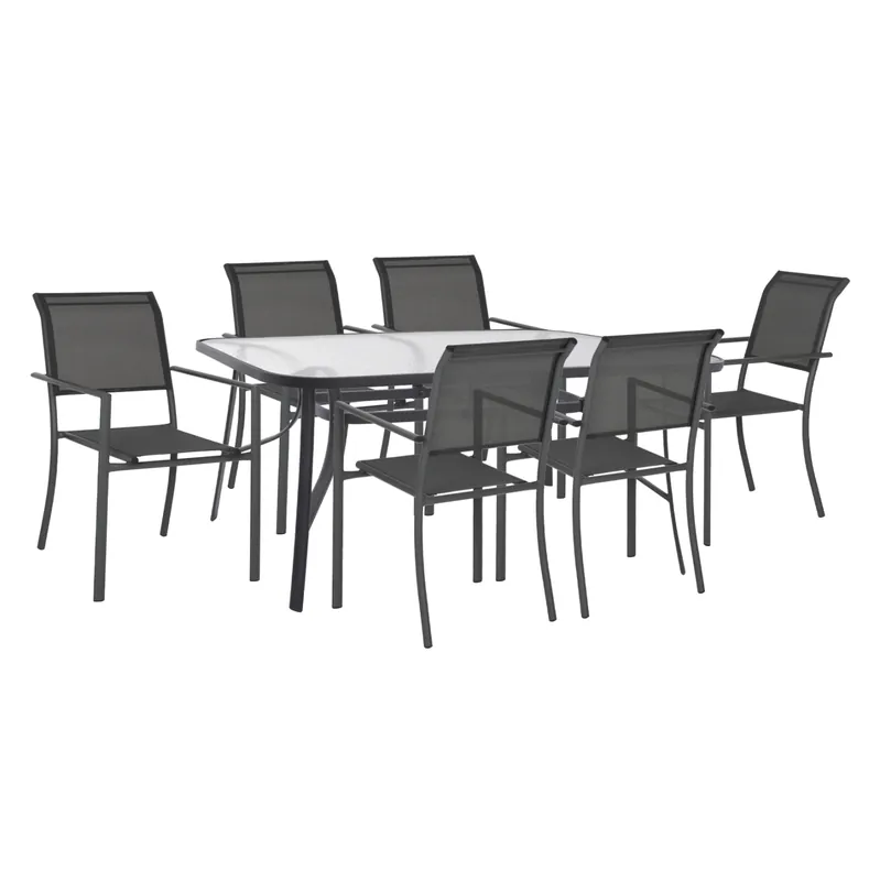 Produs nou - Set mobilier de gradina 7 piese, masa+6 scaune, aluminiu/metal, gri, 150x90x75 cm