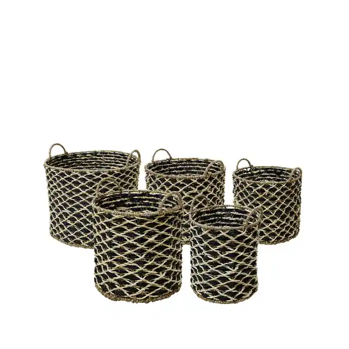 Set de 5 coșuri decorative stil rustic din iarbă de mare și metal ROMBUS 43x43x39 cm - Calitate superioară