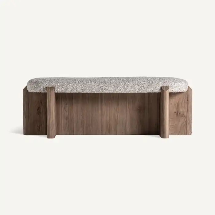 Băncuță tapițată din lemn de ulm cu șezut bej Jacquard 140 x 48 x 47 cm - Livrare rapidă